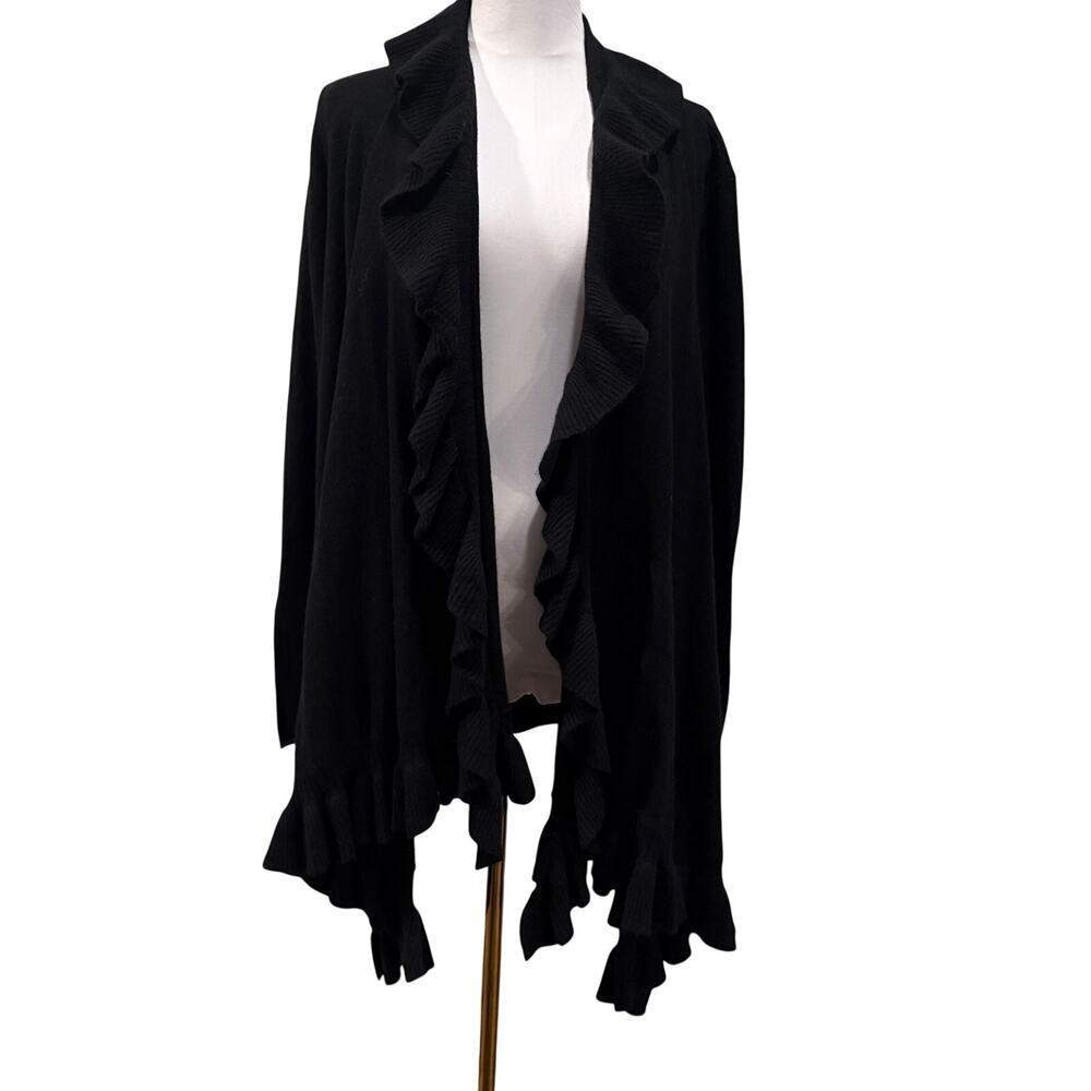 Alice Olivia Base Black Wool Cashmere Ruffle Open Front Cardigan XL Luxury Chic